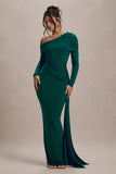 Valina Green Ruched Asymmetric Maxi Dress With Drape