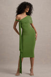 Vallea Green One-Shoulder Draped Midi Dress