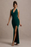 Glamour Bottle Green Backless V Plunge Halter Neck Maxi Dress With Side Split
