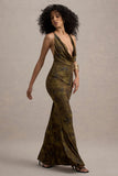 Allana Yellow Floral Print Cowl-Neck Open-Back Maxi Dress