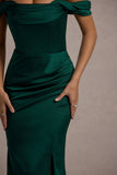 Kimberly Bottle Green Bardot Satin Maxi Dress