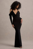 Hurghada Black Plunge-Neck Long-Sleeve Maxi Dress
