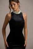 Audrine Black Velvet Embellished High-Neck Maxi Dress