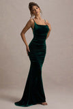 Adele Bottle Green Velvet Ruched Strappy Fishtail Maxi Dress
