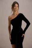 Saint Moritz Black Velvet One Sleeve Mini Dress With Flower Drape