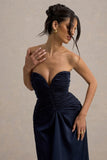 Desirie Navy Satin Sweetheart Gathered Maxi Dress