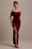 Merelyn Berry Velvet Bow Bardot Split Maxi Dress