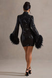 Cupid Black Sequin High-Neck Mini Dress With Feather Cuffs