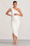 Late Night White Maternity Ruched One Shoulder Midi Dress