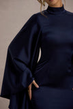 Maceline Navy Satin High-Neck Maxi Dress With Cape Sleeves