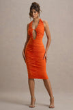 Anaisa Orange Plunge Halter-Neck Midi Dress