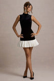 Baxter Black & White Velvet Mini Dress With Satin Ruffle Trim
