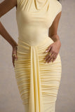 Lorenza Lemon High-Neck Ruched Maxi Dress With Draped Skirt