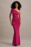 Alethea Hot Pink Asymmetric Bardot Maxi Dress