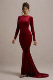 Keaton Berry Velvet Long-Sleeve Open-Back Maxi Dress