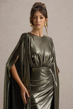 Theia Gold Metallic Cape-Sleeve Split Maxi Dress