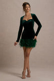 Tamsin Bottle Green Velvet Long-Sleeved Feather Mini Dress