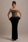 Harriette Leopard Print Bandeau Maxi Dress With Black Velvet Peplum Skirt