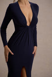 Aluna Navy Plunge-Neck Twisted Split Maxi Dress