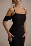 Bethan Black Bodycon Strappy Mesh Bardot Midi Dress