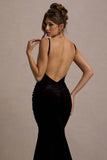 Adele Black Velvet Ruched Strappy Fishtail Maxi Dress