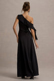 Nicola Black Satin Asymmetric Bardot Draped Maxi Dress