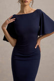 Ashling Navy Flutter-Sleeve Hanky-Hem Midi Dress