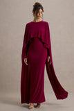 Belinda Burgundy Draped Maxi Dress With Cape Sleeves