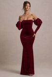 Neoma Berry Velvet Bardot Puff-Sleeve Maxi Dress