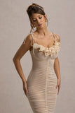 Jesi Cream Mesh Ruched Midi Dress With Ruffles