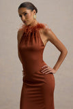 Bianca Rust Satin Feather-Trim Maxi Dress