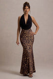 Krystal Animal Print Deep Plunge-Neck Maxi Dress
