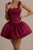 Bramble Port Satin Square-Neck Puffball Mini Dress