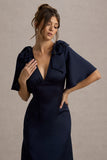 Danna Navy Satin V-Neck Short-Sleeve Midi Dress