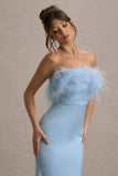 Dress For It Powder Blue Satin Feather Trim Bandeau Maxi Dress