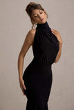 Prianyka Black High-Neck Draped Midi Dress