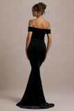 Apolline Black Velvet Off The Shoulder Ruched Fishtail Maxi Dress