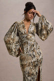 Casarile Snake Print V-Neck Balloon Sleeve Maxi Dress