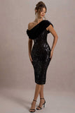 Volute Black Sequin One-Shoulder Draped Midi Dress