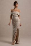 Martine Champagne Satin Bardot Wrap Maxi Dress