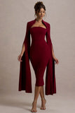 Linden Berry Bodycon Cape-Sleeve Midi Dress