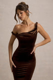 Neeka Brown Velvet Twisted Asymmetric Maxi Dress