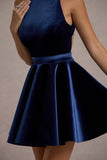 Mackie Navy Velvet Sleeveless Skater Mini Dress