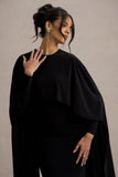 Belinda Black Draped Maxi Dress With Cape Sleeves