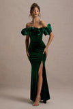Esmeralda Bottle Green Velvet Structured Ruffled Bardot Maxi Dress
