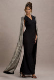Ilenia Black V-Neck Maxi Dress With Metallic Cape