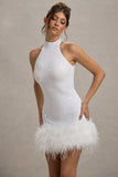 Lumi White Sequin High-Neck Feather Trim Mini Dress