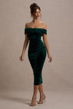 Gratitude Bottle Green Velvet Off The Shoulder Ruched Midi Dress