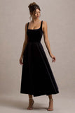 Francisca Black Velvet Strappy Volume-Hem Midi Dress