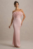 Dress For It Pale Pink Satin Feather Trim Bandeau Maxi Dress
